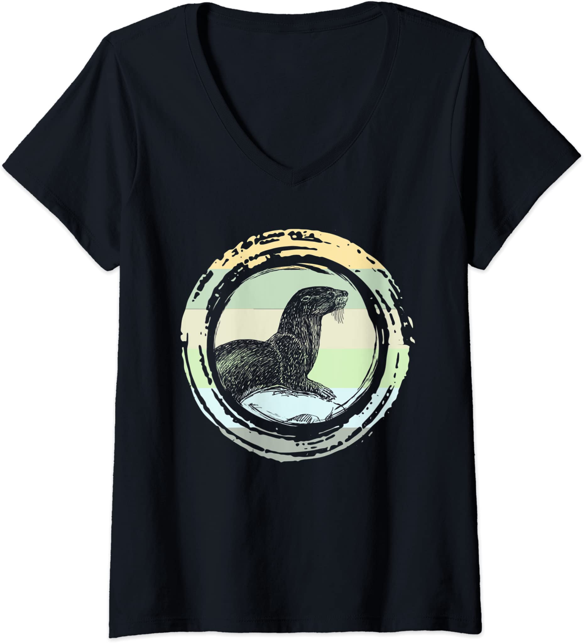 Womens Vintage Otter Retro Wild Animals Art Otters Lovers Gift V-Neck T-Shirt