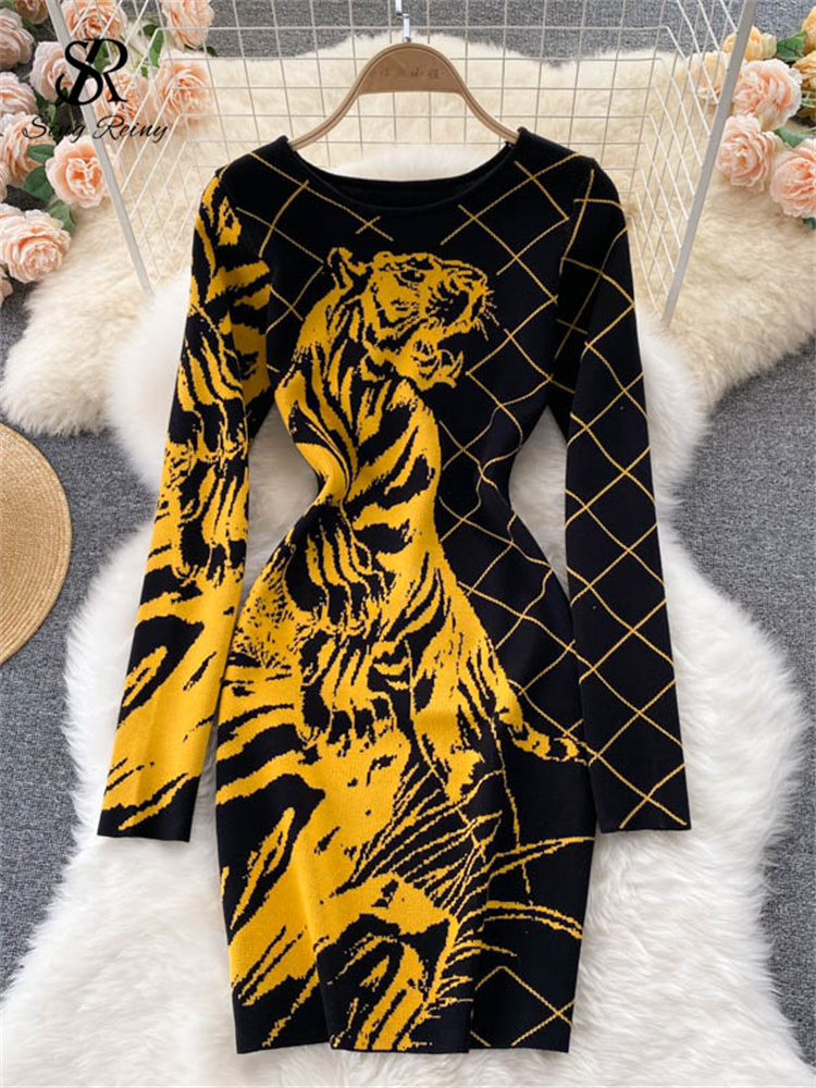 SINGREINY Women Animal Print Knitted Dress European Style Vinage Long Sleeve A Line Dress Female Elastic Short Sweater Dress alx