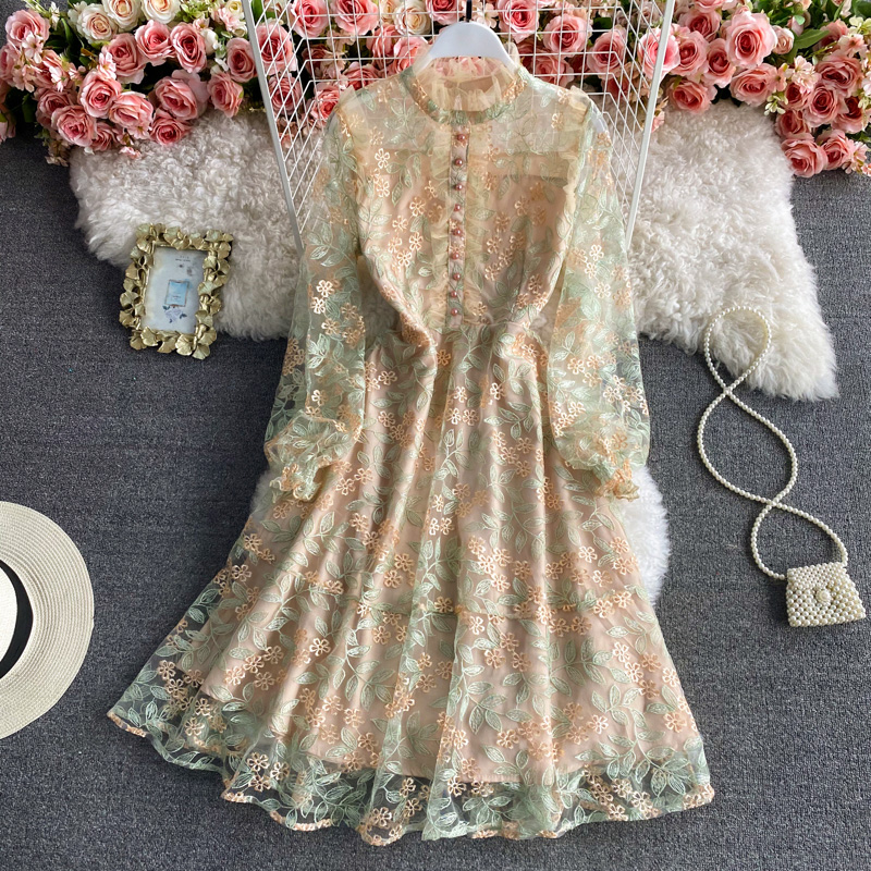 ZCWXM Party Dress Women Summer Luxury Mesh Lace Long Sleeve Flower Embroidery Ruffles Office Evening Midi Dress Elegant Dress alx