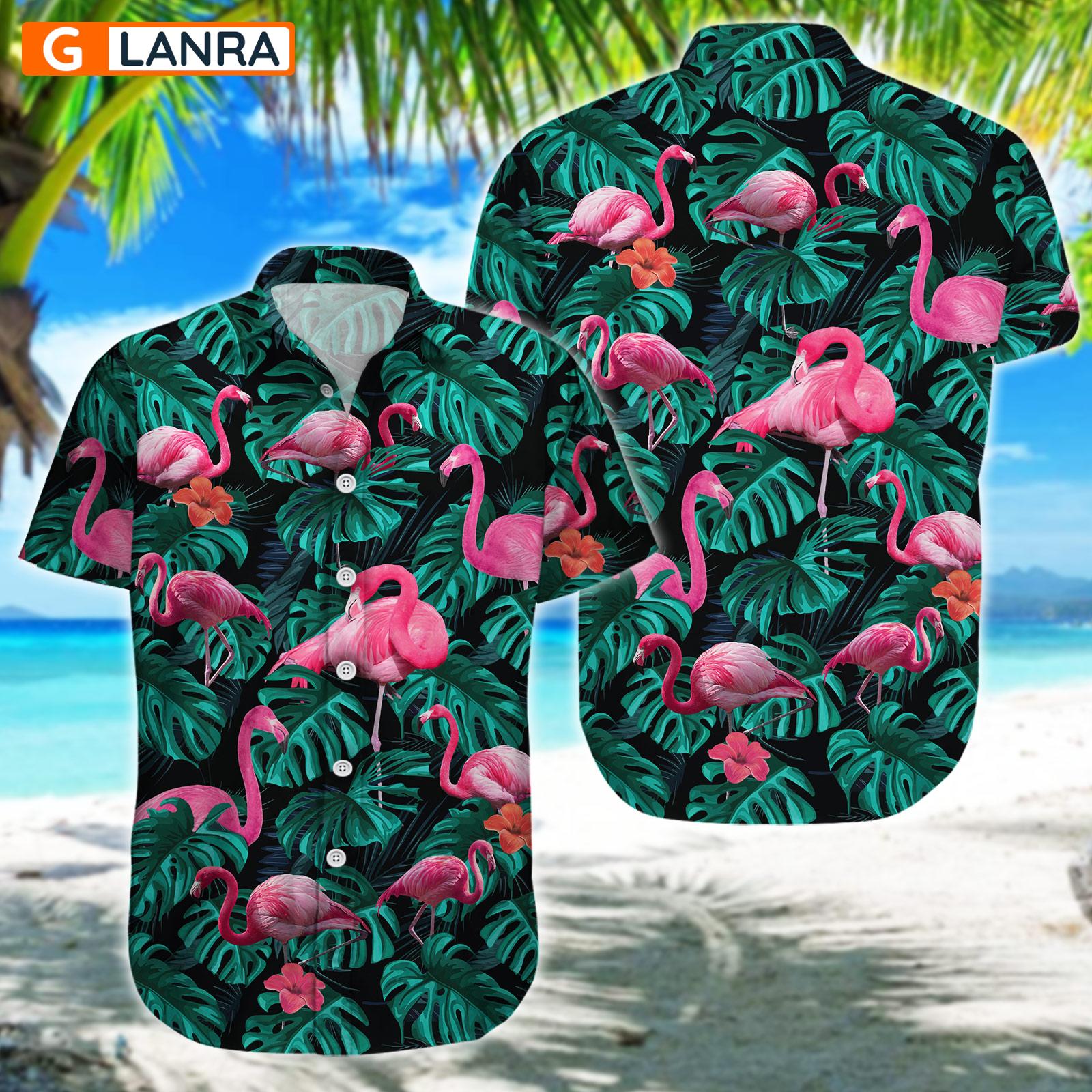 Flamingo Palm Leaves Flower Button Shirt, Flamingo Button Shirt, Summer Flamingo Hawaiian Shirt, Flamingo Leaf Hawaiian Shirt, Summer Tropical Shirt