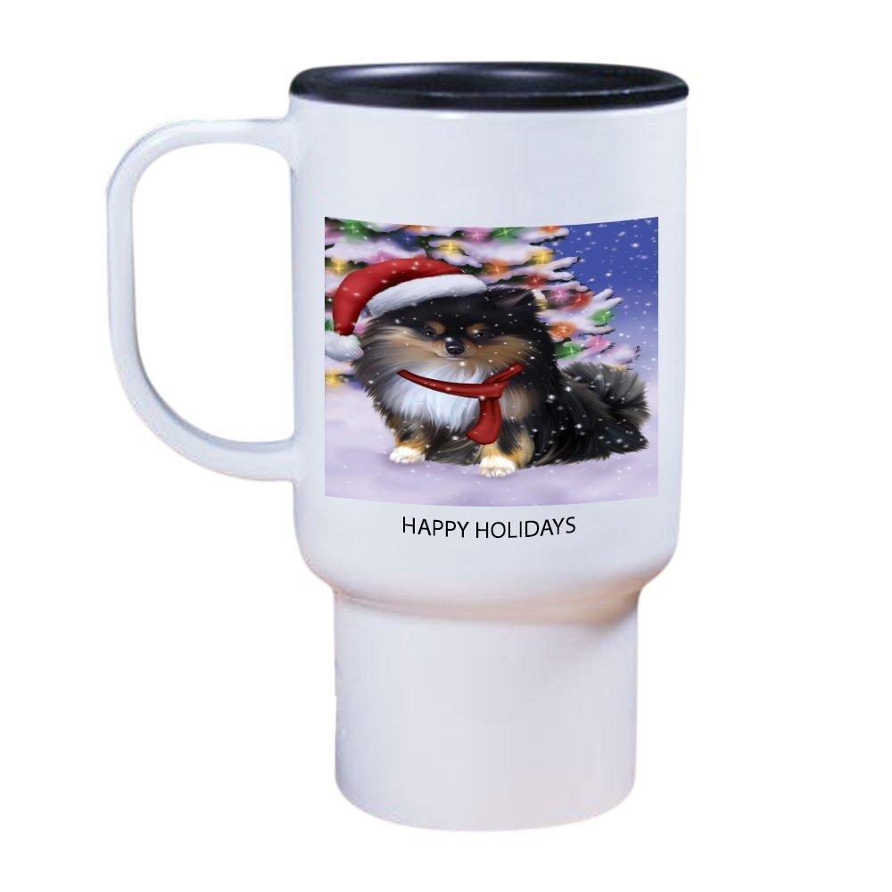 Winterland Wonderland Pomeranians Puppy Dog In Christmas Holiday Scenic Background Travel Mug