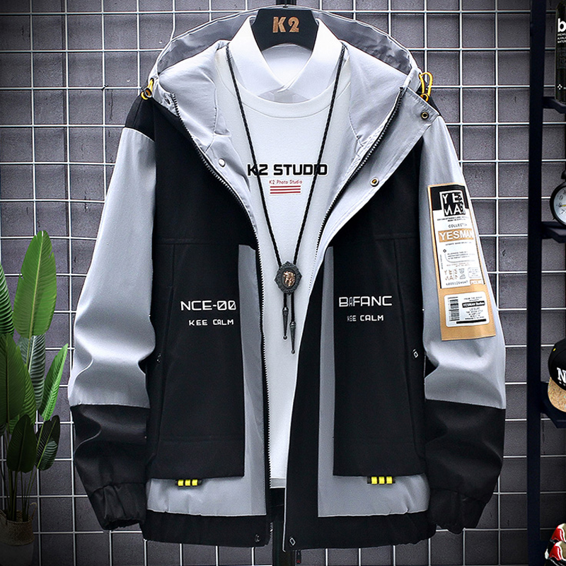 Spring Autumn Plus Size Men’s Jacket Hooded Windbreaker Coats Fashion Letter Printed Patchwork Outwear Casual Jackets 8XL alx