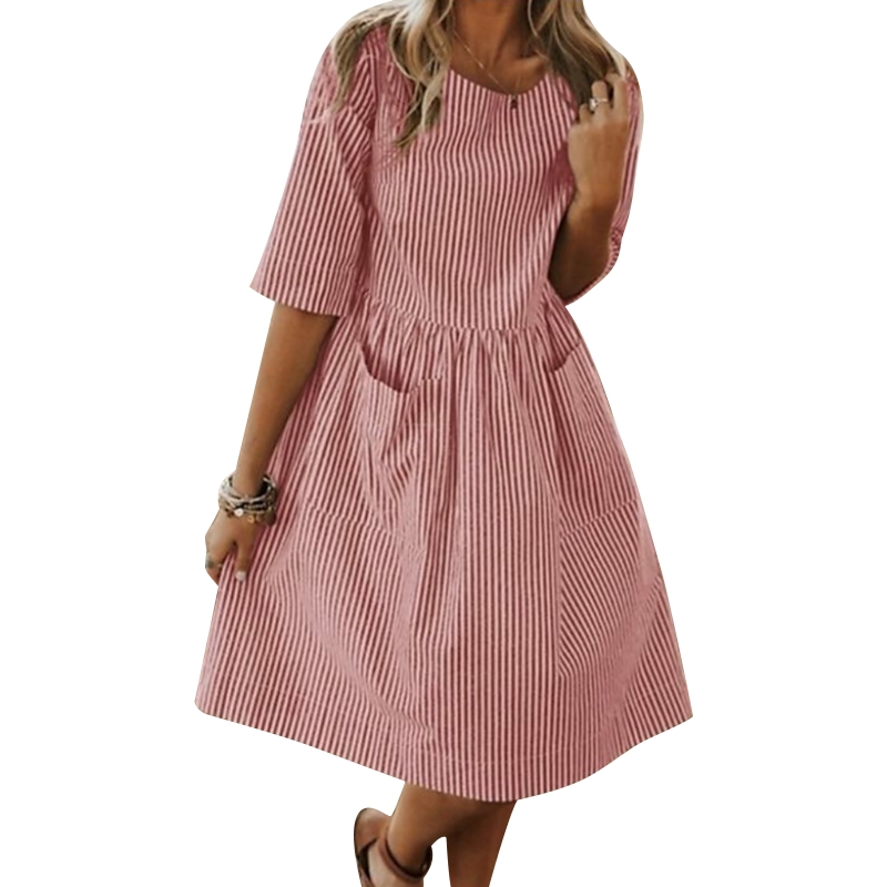 Women Half Sleeve O-Neck Striped Print Loose Midi Long Swing Dress with Pockets alx