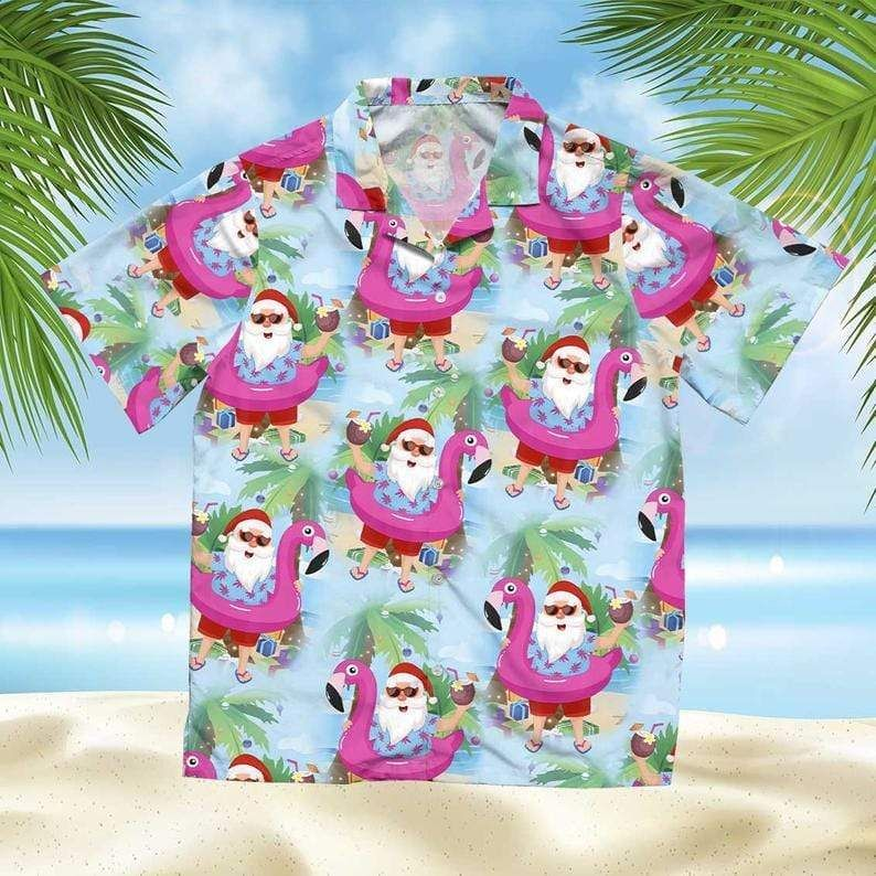 Christmas Santa Claus With Flamingo Funny 3D Print Polyester Hawaiian Aloha Shirts