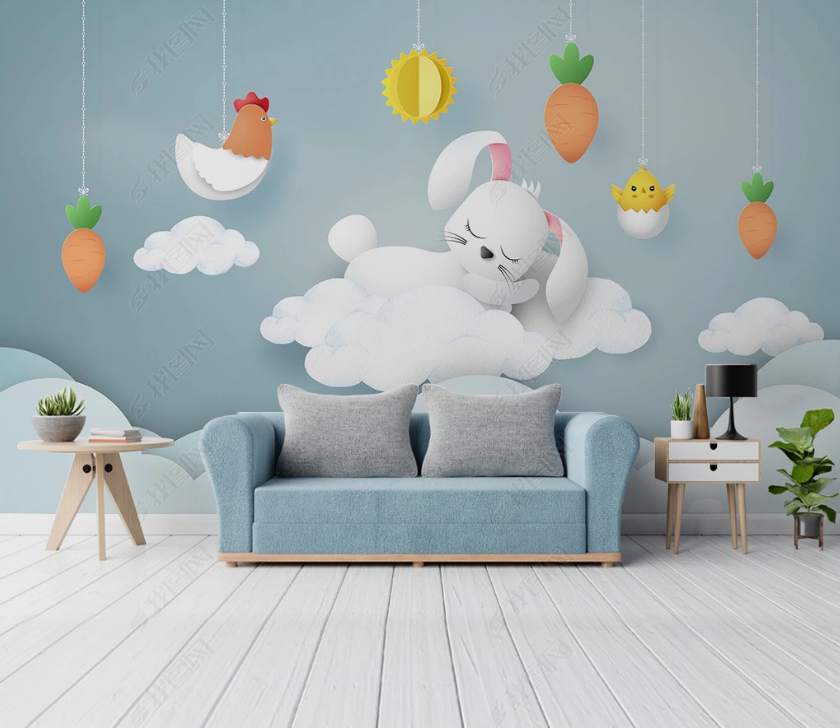 3D Cartoon Animal Rabbit Cloud Carrot Wall Mural Wallpaper Lqh 180