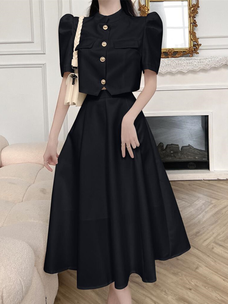 Small Fragrance Two Piece Set Women Puff Sleeve Shirt Blouse Crop Top + High Waist Long Skirt Suits Korean OL Summer 2 Piece Set alx