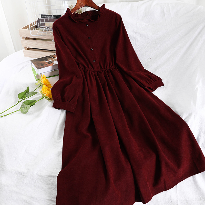 Vintage Dress Women Winter Ruffle Midi Long Sleeve Dress Woman Retro Elegant Dresses Korean Kawaii Cute Clothes 2022 Red Blue alx