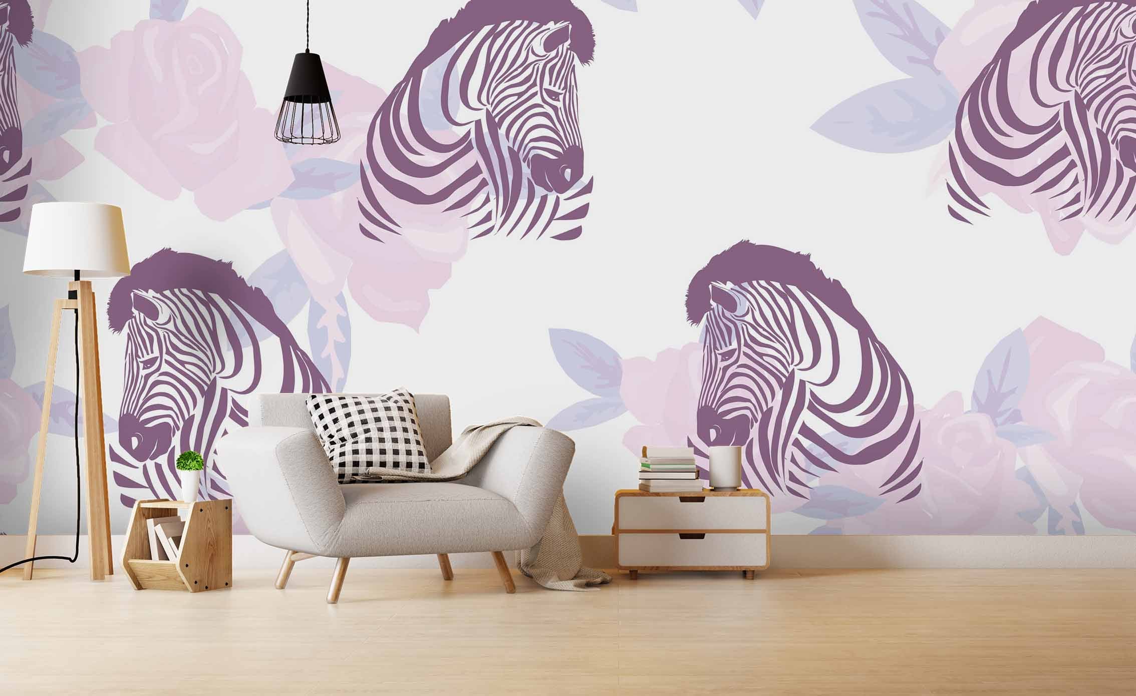 3D Animal Zebra Pink Flower Rose Wall Mural Wallpaper Zy D47