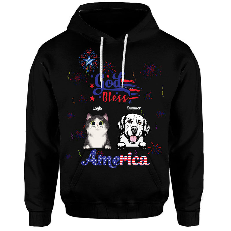 (Custom Personalised) 4Th Of July – God Bless Usa Zip Up And Pullover Hoodie Pets With Fireworks – Black Lt8