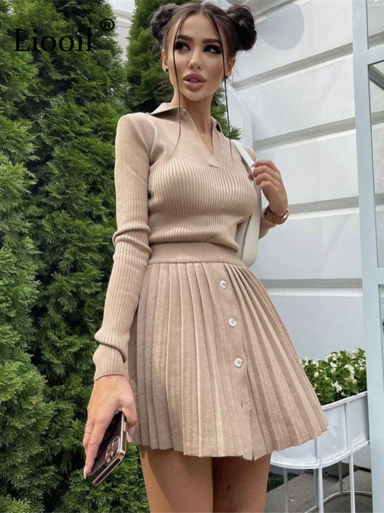 Two Piece Sweater Outfits Set Women Knitted Tops And Pleated Mini Skirts Long Sleeve V Neck Button Up Streetwear Sexy Skirt Sets alx