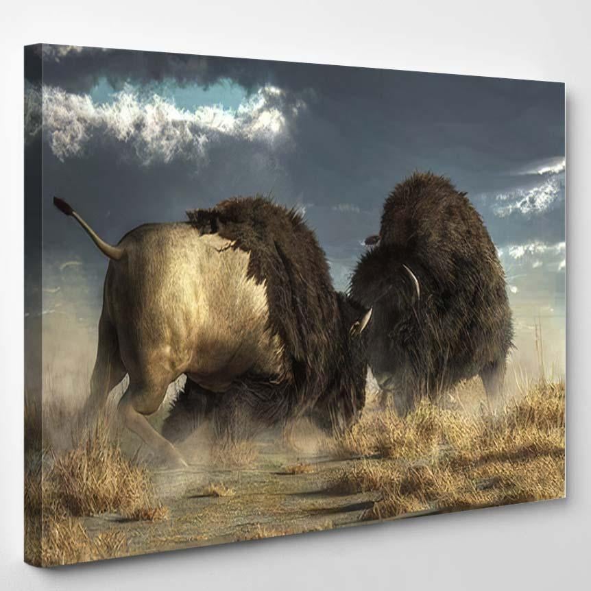 Two Massive American Buffalo Go Head – Bison Animals Canvas Print