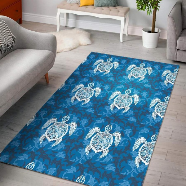 Blue Hawaiian Shark Sea Turtle Pattern Print Area Rug