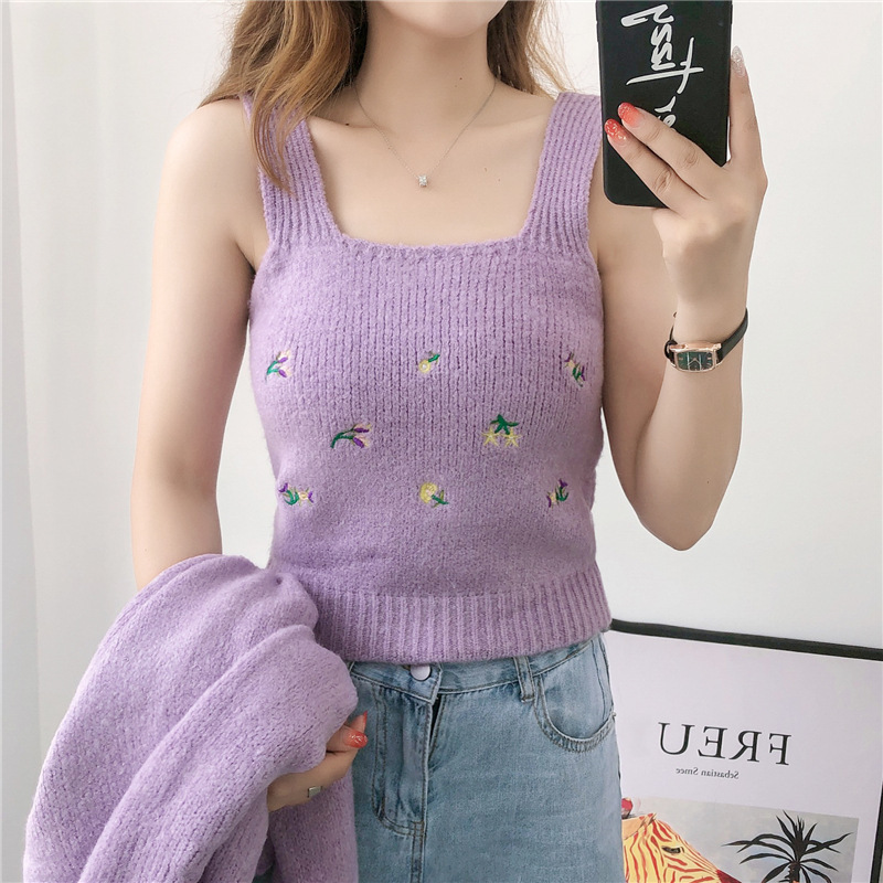 Two-piece Top Women Suit Flower Embroidered Soft Knit Cardigan Sling Sweater Korean Ladies Sweet Autumn Fashion Jacket Vest Sets alx