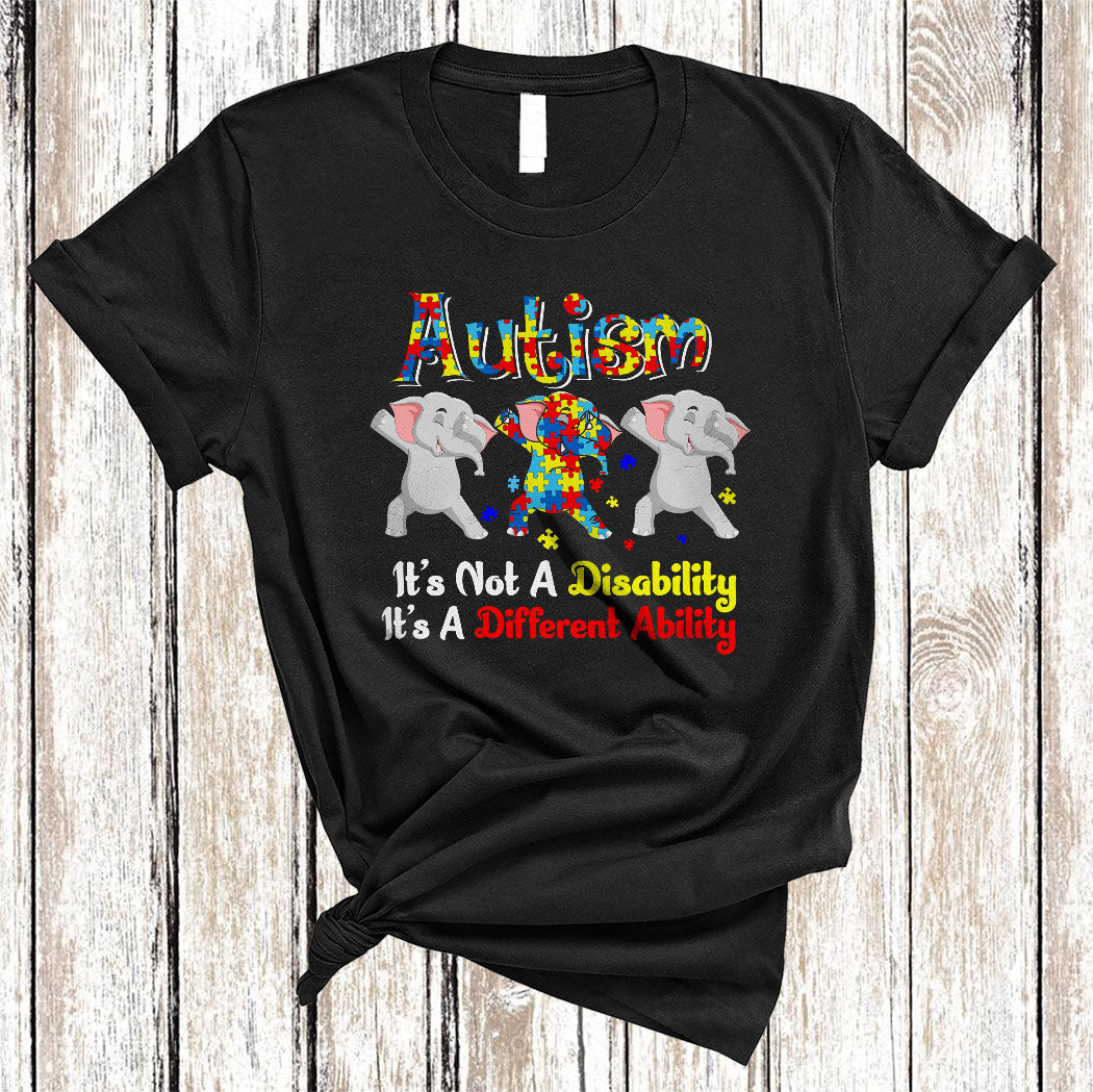 It’S Not A Disability It’S A Different Ability Funny Autism Awareness Three Puzzle Dabbing Elephant T-Shirt