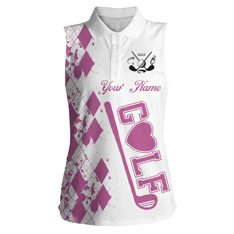 Women’S Sleeveless Golf Polo Shirt, Custom Name Pink Golf Clubs White Golf Shirt For Women