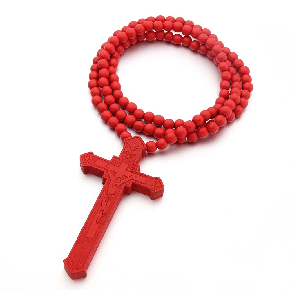 VOQ New Jesus Carved Pattern Pendant Wood Beads Chain Cross Necklace Christian Religious Prayer Christmas Jewelry Gifts alx