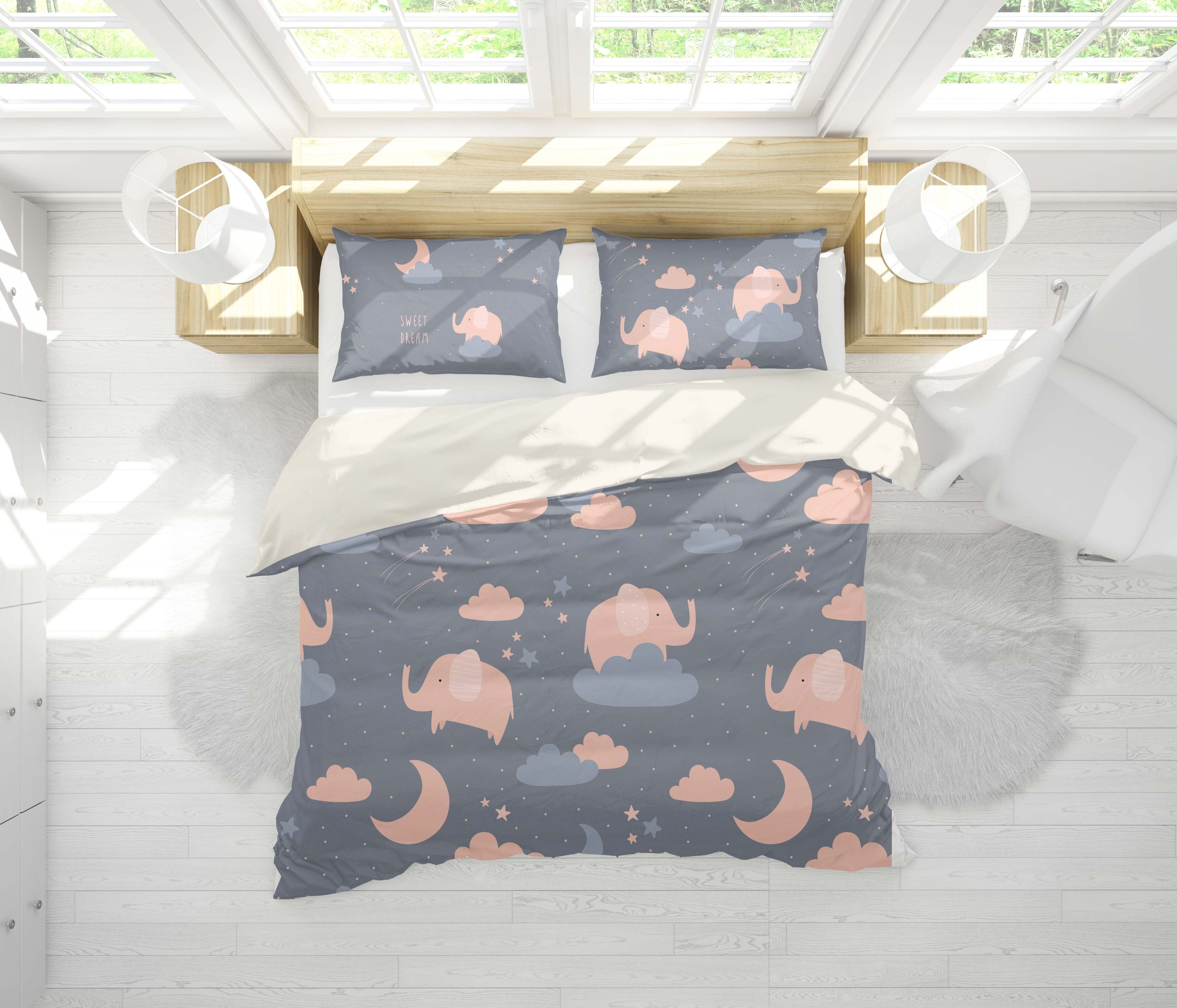 3D Cartoon Pink Elephant Cloud Quilt Cover Set Bedding Set Duvet Cover Pillowcases Lxl