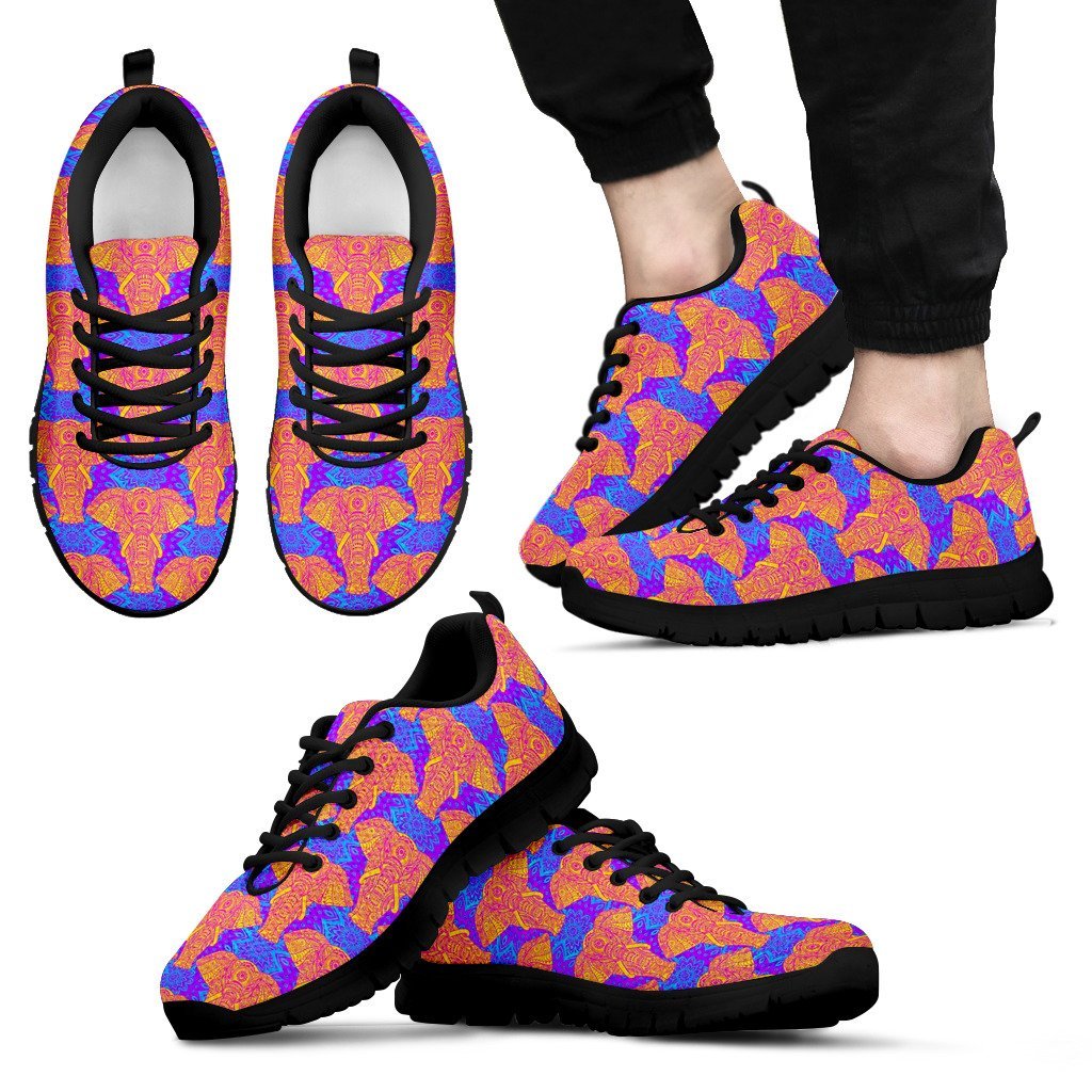 Yellow Elephant Mandala Print Black Sneaker Shoes For Men Women