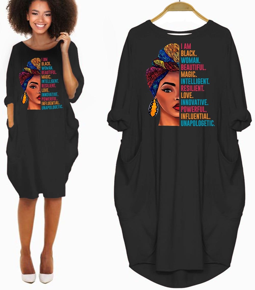 African American Dresses I Am Black Woman Beautiful Magic Long Sleeve Pocket Shirt Summer Dress Afrocentric Clothing