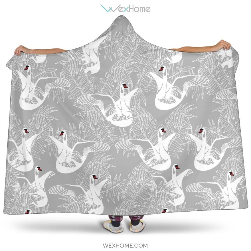 White Swan Gray Background Hooded Blanket