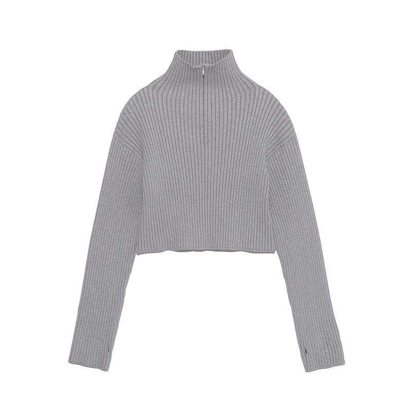 Streetwear Fashion Half Zipper Pullover Sweater Loose Long Sleeve Casual Crop Top Autumn Winter New Solid Knitted Pull Femme alx