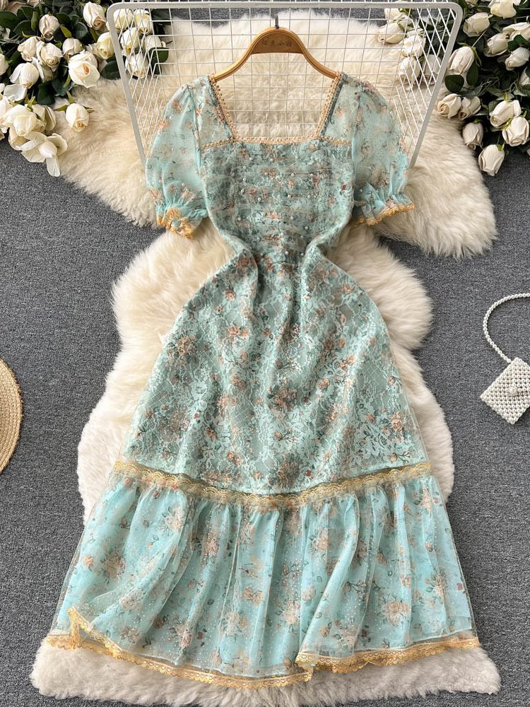 Summer Long Green Flower Vacation Dress Women Puff Sleeve Square Collar Ruffle Floral Embroidery Dot Mesh Beading Party Vestidos alx