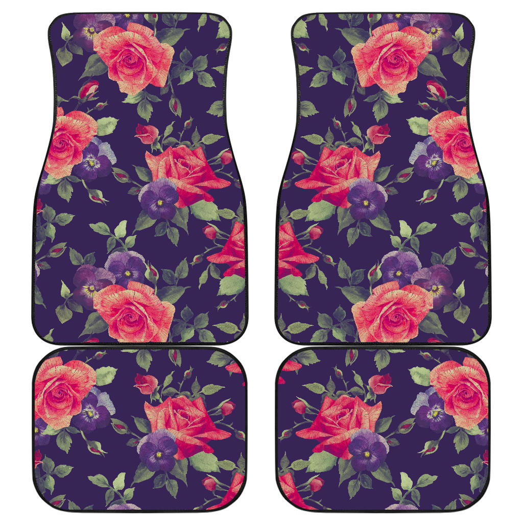 Rose Pansy Floral Flower Pattern Print Front And Back Car Floor Mats, Front Car Mat