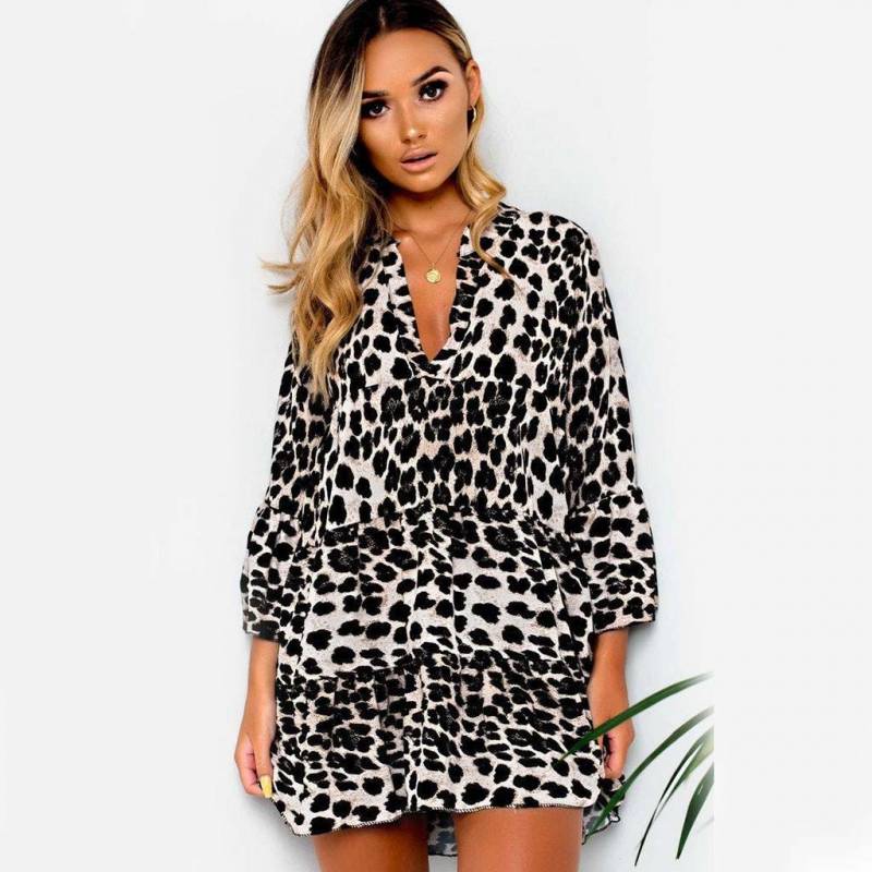 Vintage Dresses Sexy V-Neck Leopard Printed Ruffled Wrap Dress