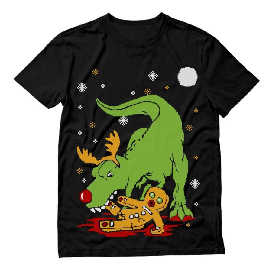 T-Rex Biting Gingerbread Ugly Christmas T-Shirt