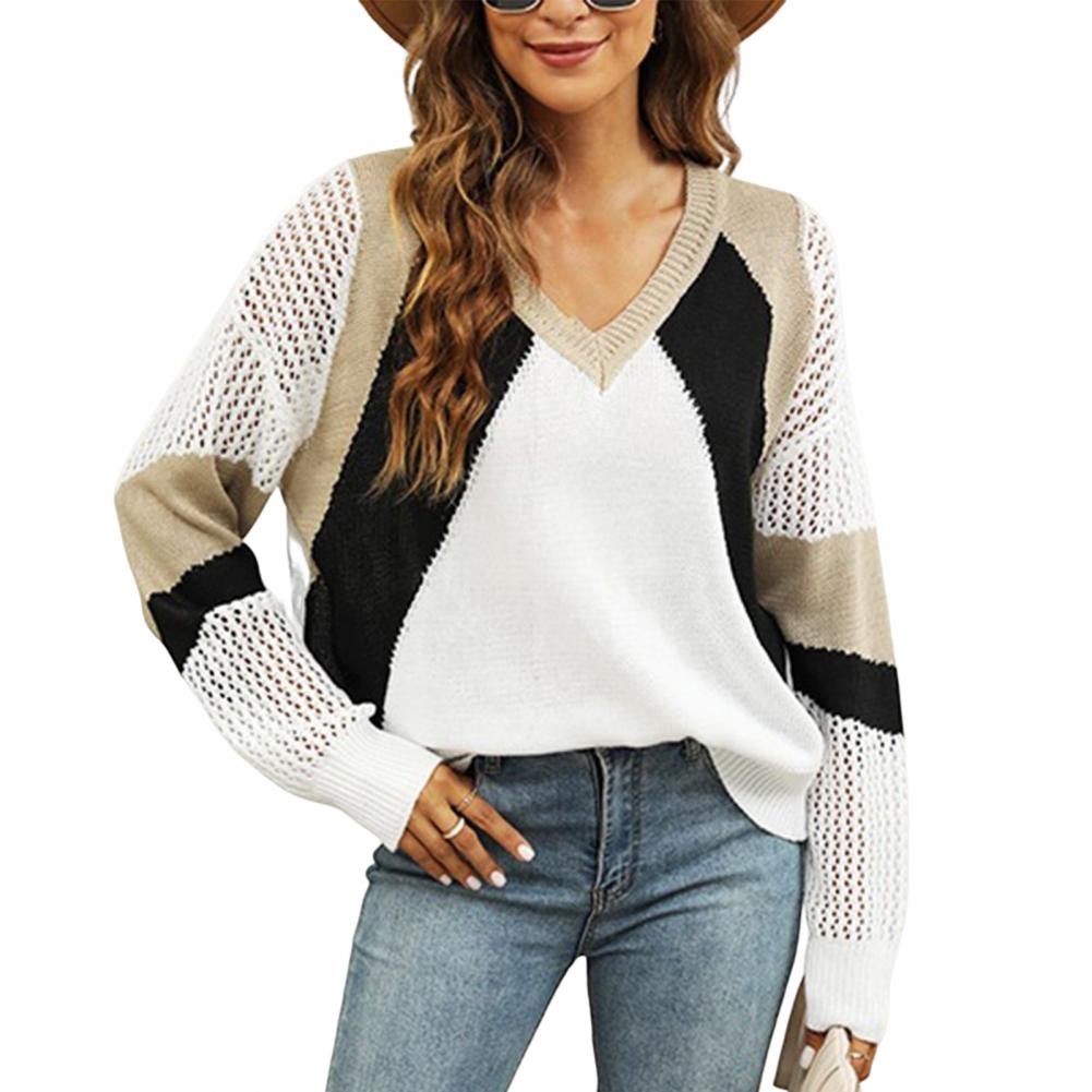 Women Sweater Top V Neck Hollow Out Long Sleeves Ribbed Trim Autumn Winter Patchwork Print Sweater Jumper Female Clothing alx