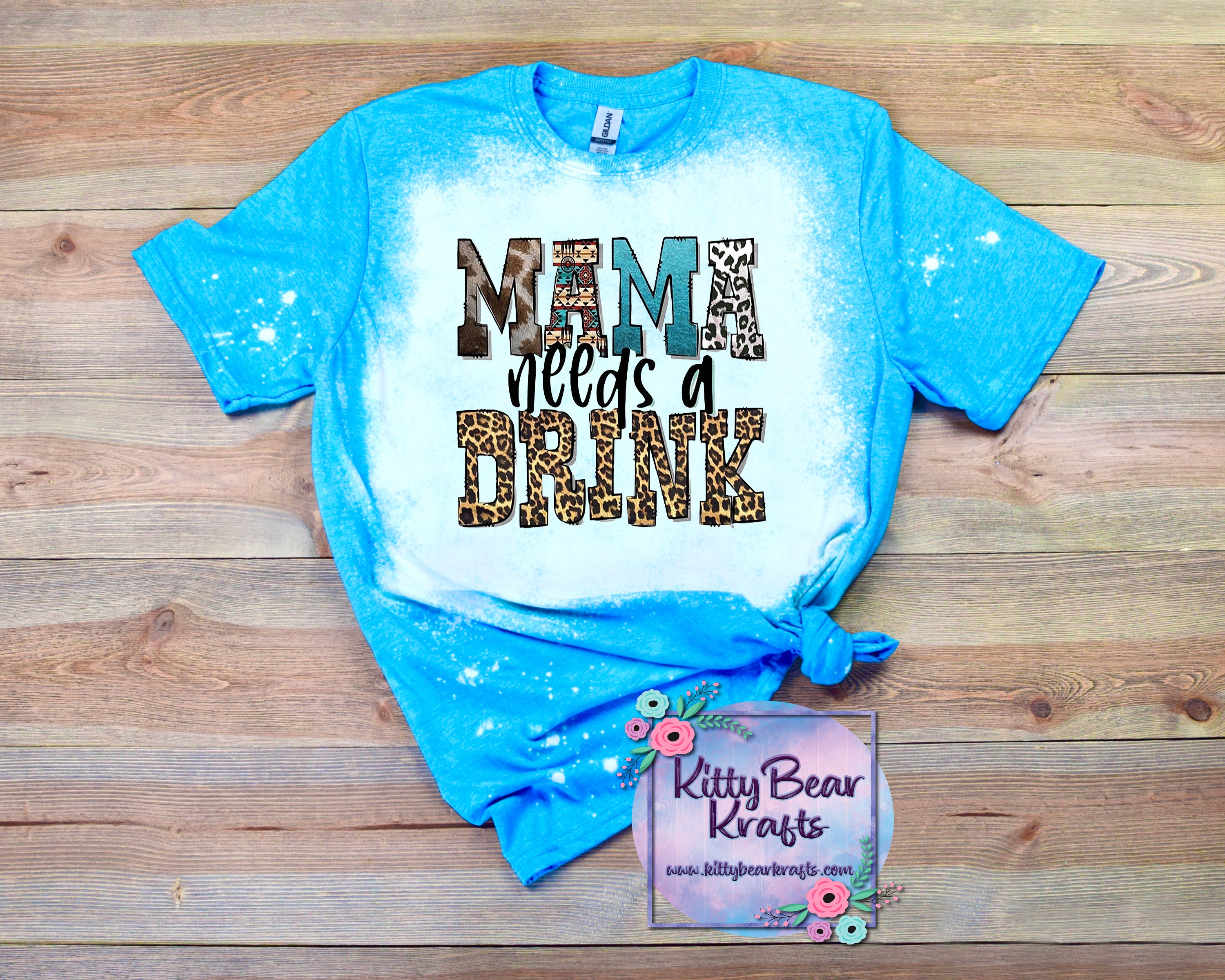 Western Mama Needs A Drink Leopard Cow Turquoise Bleached T-Shirt