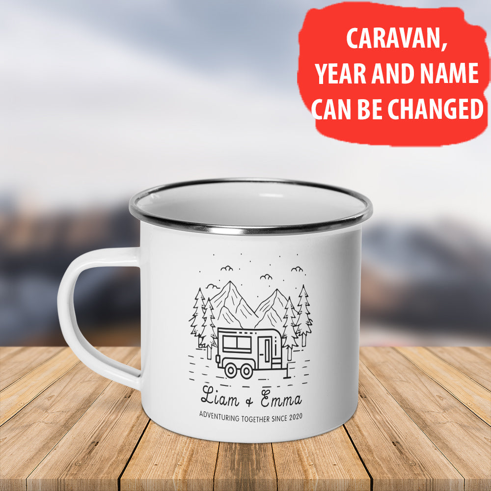 Personalised Campfire Mug, Couple Adventure Gifts, Adventuring Together Mug, Camping Enamel Mug, Hiking Mountains Mug AP