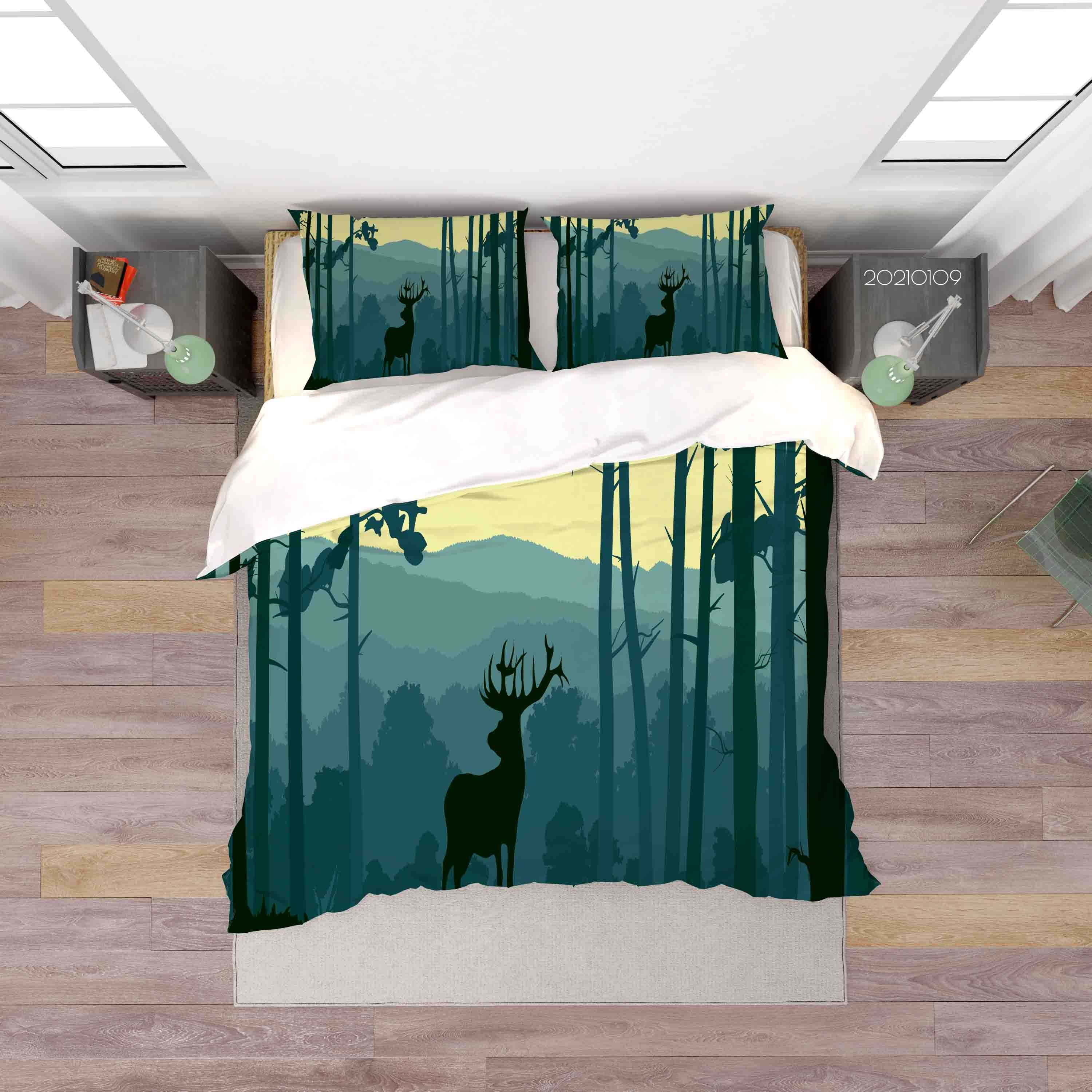 3D Cartoon Green Forest Animal Elk Quilt Cover Set Bedding Set Duvet Cover Pillowcases 46 Lqh