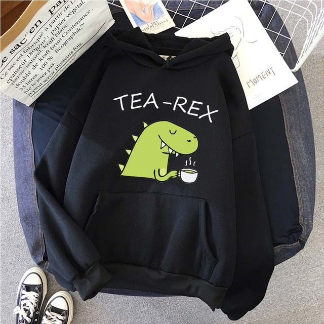 Tea-Rex Hoodie Women’S Cute Dinosaur Print Casual Sweatshirt Green T-Rex Hoodie