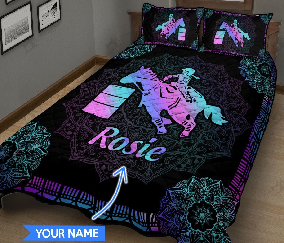 Young Girl Barrel Racing Purple Mandala Pattern Personalized Quit Bed Set & Quilt Blanket