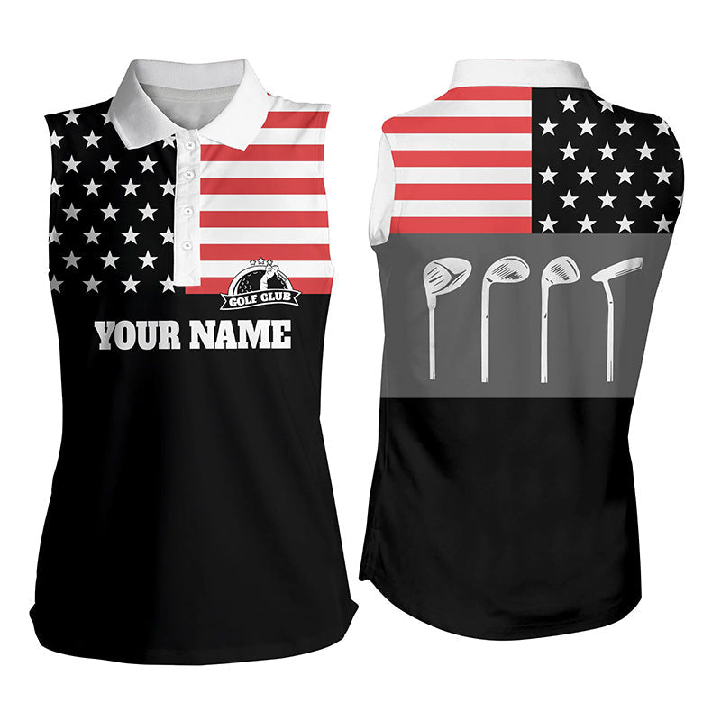 Womens Sleeveless Polo Shirts Golf Club American Flag Patriot Golf Custom Name Black Golf Shirt