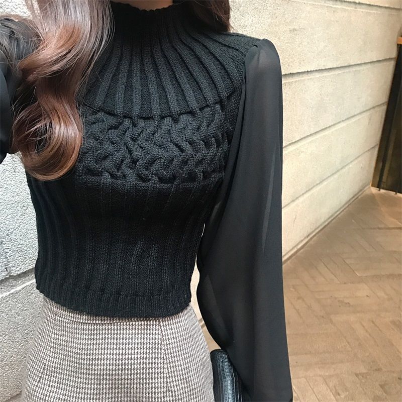 Slim Fit Sweater Female Knitted Chiffon Patchwork Bishop Sleeves Top Woman Sweaters Femme Chandails Pull Hiver alx