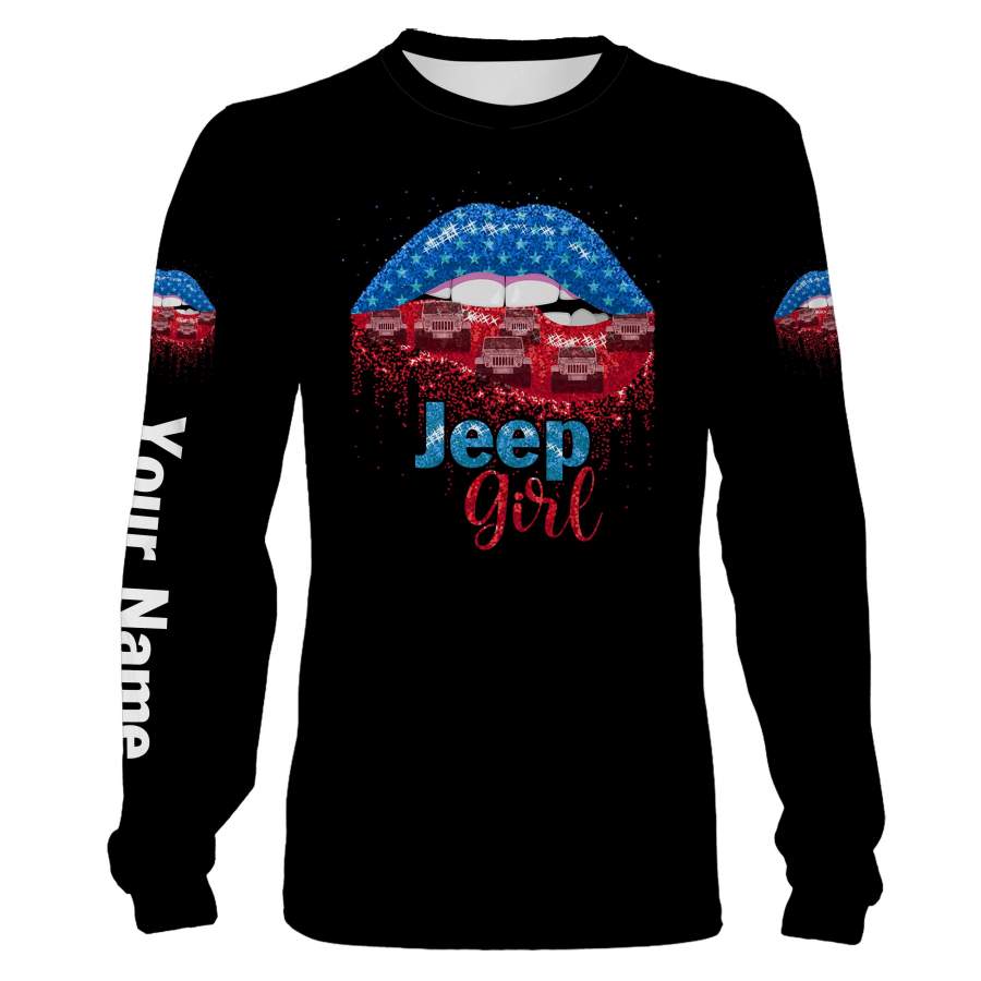 Lips Jeep Girl American Flag Custom Name 3D all over print shirt – Personalized Jeep girl shirt gift for women – FSD804