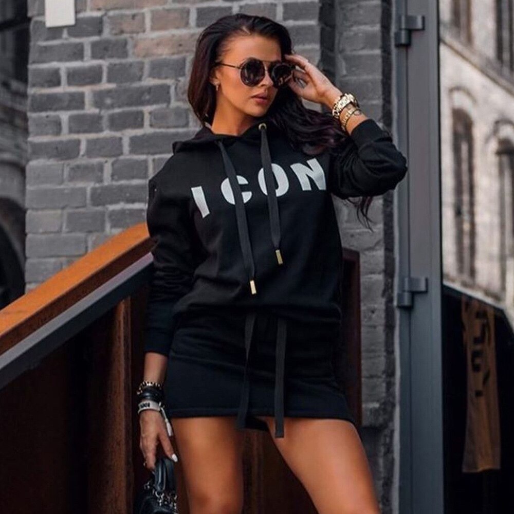 Women Casual Sports Style Long-sleeved Hooded Letter Print Short Dress Autumn New Womens Clothes Dress alx