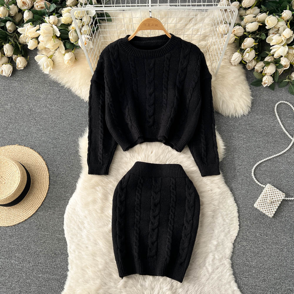 Autumn Winter New Fashion Women Twist Knit Suit Long Sleeve Short Pullover Sweater + High Waist Hip Skirt Female Two Piece Set alx