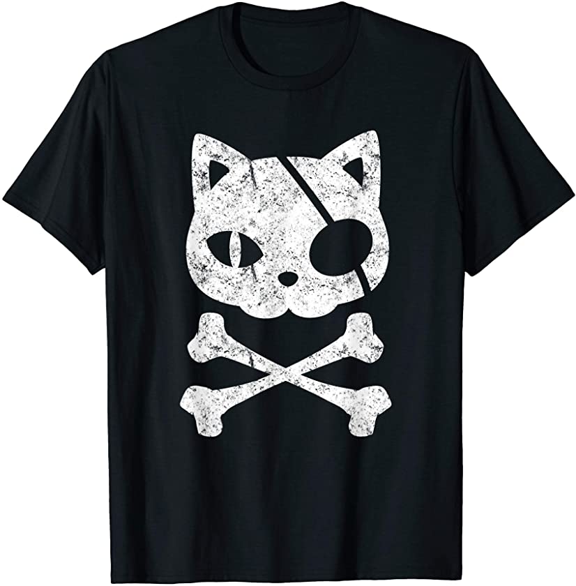 Vintage Pirate Cat Kitten Halloween Skull Cross Bones T-Shirt