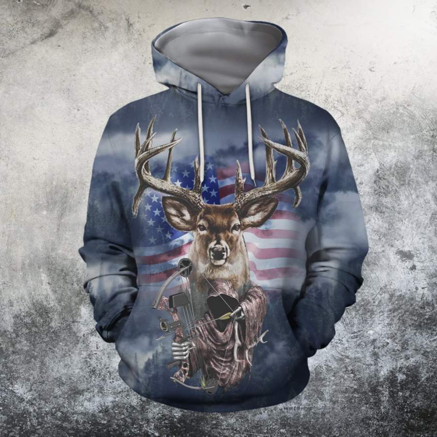 3D All Over Printed American flag reindeer Hoodie