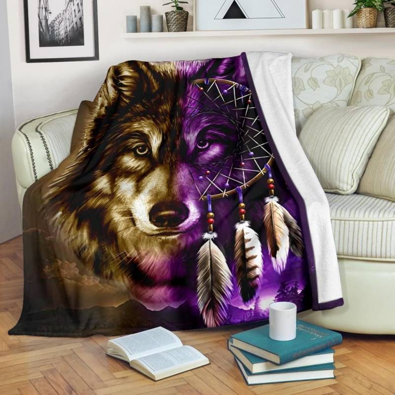Native American Blanket - Dreamcatcher Purple Wolf - BN01