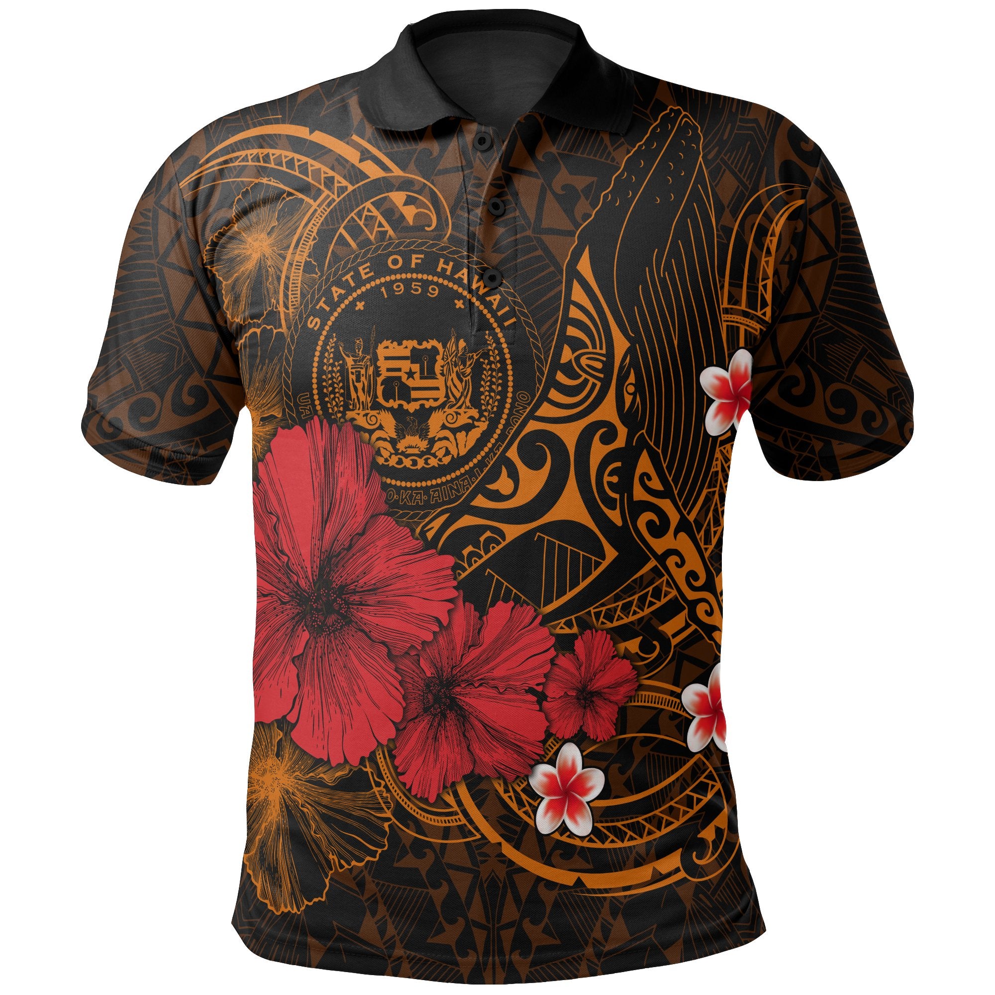 Polynesian Hawaii Polo Shirts – Humpback Whale With Hibiscus (Golden)