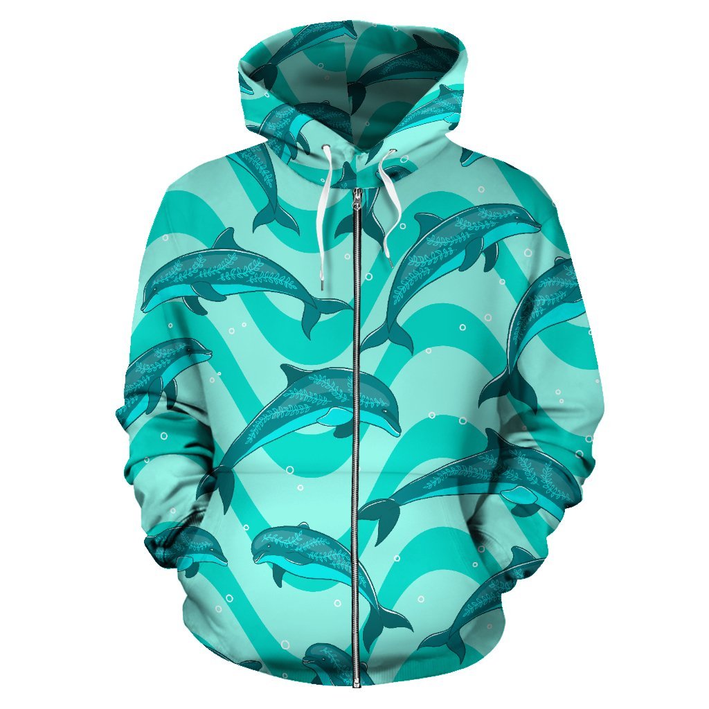 Dolphin Wave Print Zip Up Hoodie