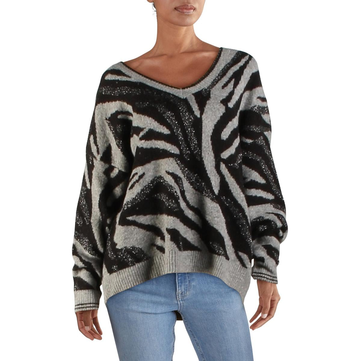 Womens Animal Print V Neck Pullover Sweater