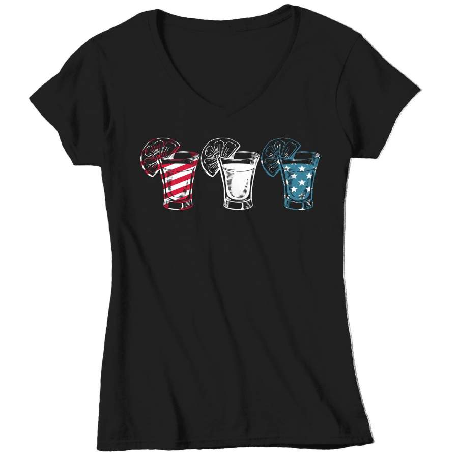 Women’s V-Neck Funny 4th July T Shirt Tequila Shirt Party Shirt Independence Day Shirt Shots Shirt Drinking Tee