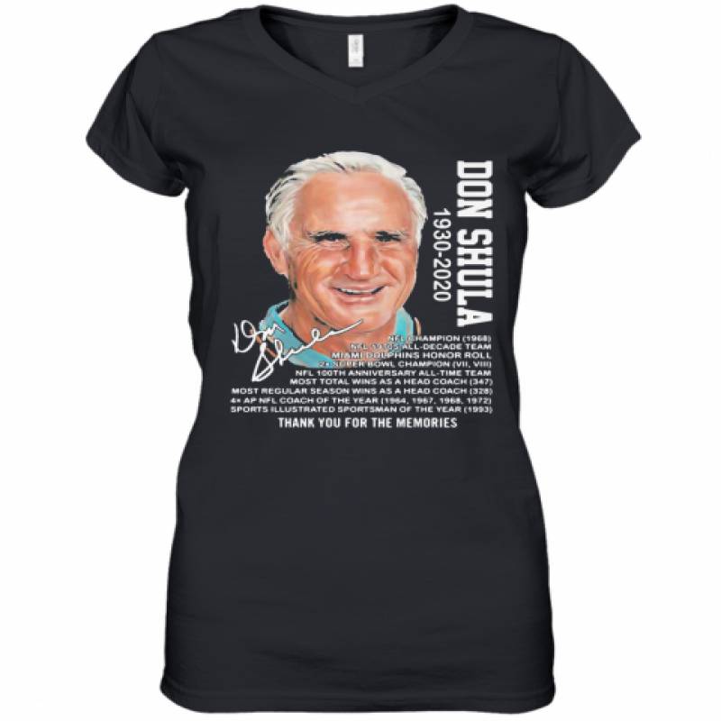 Don Shula 1930 2020 Miami Dolphins Thank You For The Memories Signature Women's V-Neck T-Shirt