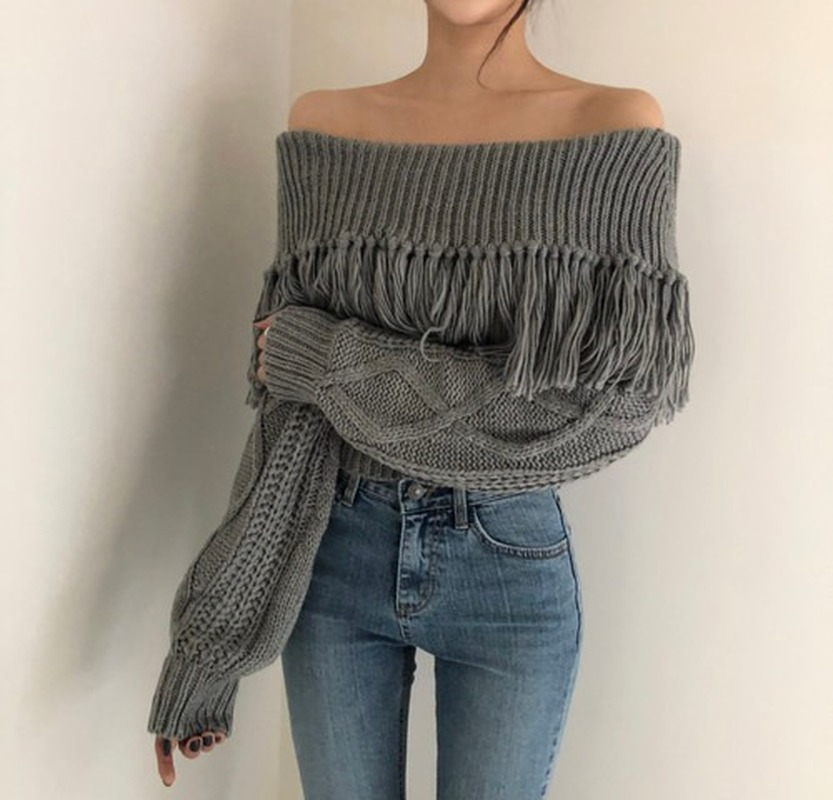 2021 Sexy Off Shoulder Tassel Sweater Women Loose Long Sleeve Twist Knitted Pullovers 2021 Vintage Korean Crop Sweaters Jumper alx