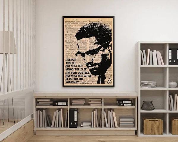 Malcom X Quote Poster, Malcom X Portrait Poster, African American Art, Black Power Wall Art, Vintage Civil Rights Icon Poster Canvas Bl1